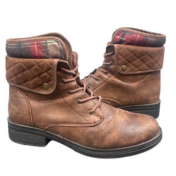 American Eagle Booties 9 Ankle Combat Plaid Brown Faux Leather Cabin Outdoorsy - Picture 1 of 14